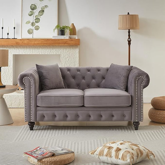 Modern Chesterfield Sofa Couch 63.5-inch Velvet Fabric Loveseat Sofa with Rolled Arms and Tufted Button for Living Room Office Light Grey