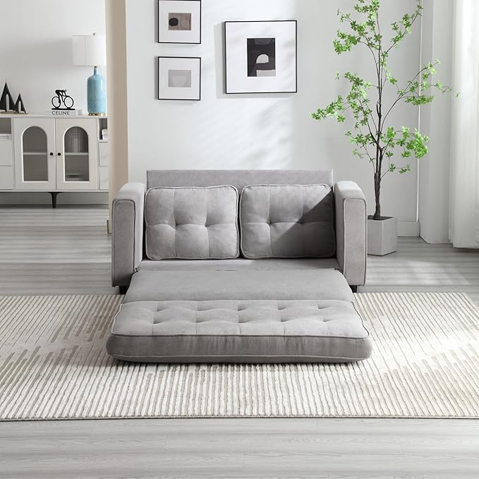 Futon Sofa Bed Convertible Folding Futon Couch Breathable Small CouchAdjustable Pull Out Chaise Lounge Couch for Compact Living Studio in Living Room and Bedroom Offices Loveseat (Light Gray)
