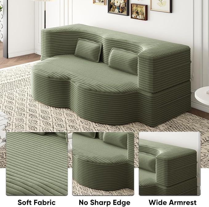JOYBASE 78in Sofa Couch Convertible Oversized Cloud Loveseat Minimalist Sleeper Sofa Bed for Living Room Apartment Office No Assembly Required (Light Green Corduroy)