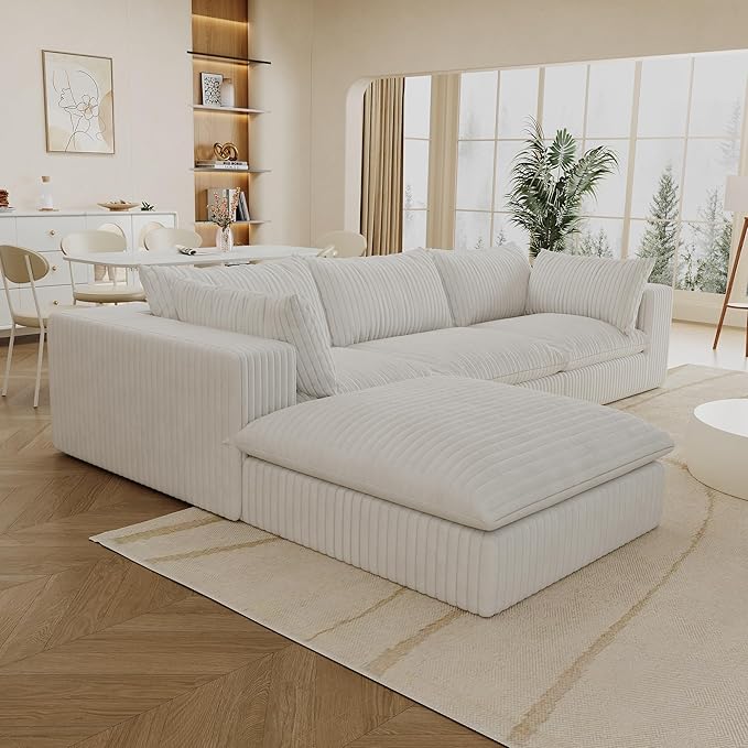 Cloud Compressed Modular Sectional Sofa 118 Oversized L-Shaped Corduroy Couch with 39 Deep Seat &amp Large Ottoman Soft Frameless Sponge Pit Sofa for Movie Room &amp Living Room | Plush Wider A