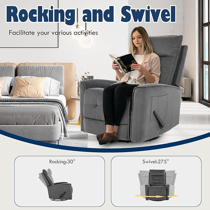 Manual Rocker Recliner Chair Nursery Glider Chair for Adult with High Back&ampDeep Seat Swivel Rocking Recliner Chair for Living Room Bedroom RV Nursing Grey