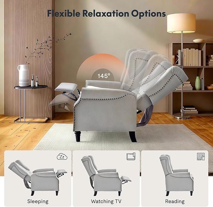 Softa Recliner Chair for Adults Mid Century Wingback Pushback Accent Chair with Rivet Decoration Tufted Upholstered Single Sofa Armchair for Living Room Bedroom Study (Fabric White)