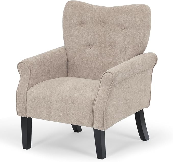 Athena Collection Mid Century Accent Chair Upholstered Modern Comfy Armchair Single Sofa Elegant Vanity Chair Reading Chair with High Back and Solid Wood Legs for Bedroom Living Room Office Beige