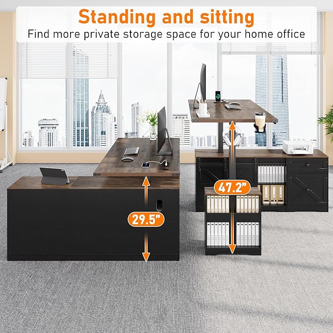 63 Farmhouse Electric Standing Desk Adjustable Height Sit Stand Corner Stand Desks L Shaped Standing Computer Desk with Power Outlets &amp Storage Drawers &amp Sliding Door for Home Office Black