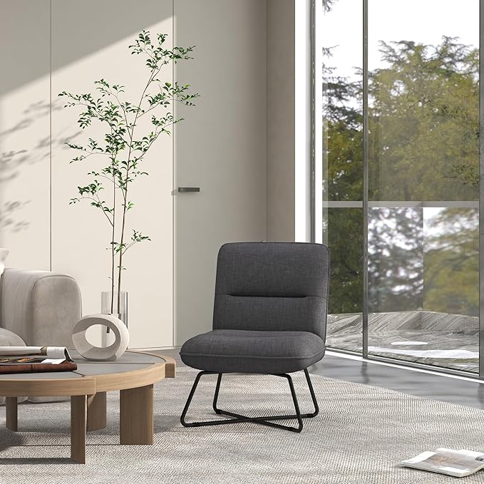 Armless Accent Chair Upholstered Slipper Chair for Living Room with Crossed Steel Legs Dark Gray