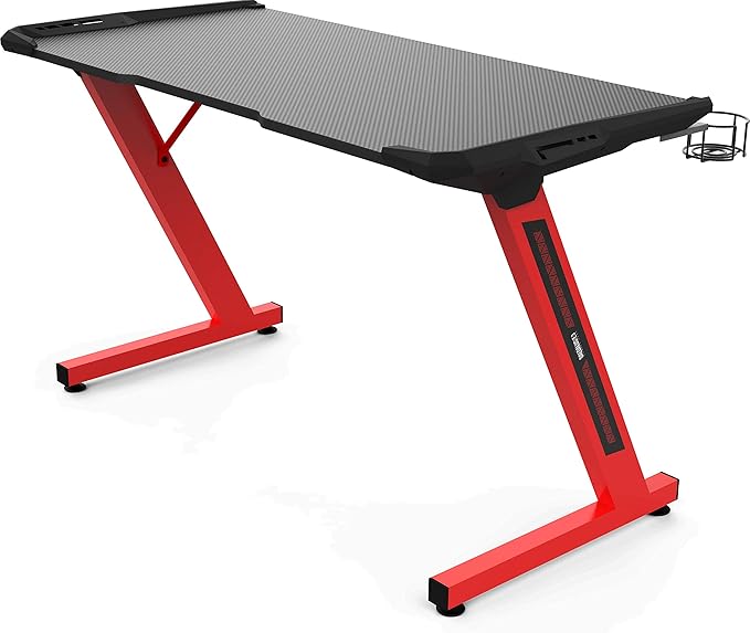 GAMDIAS Zeus Large Gaming Desk with Carbon Fiber Look Surface Home Office Computer Table Gamer Workstation with The Cup Holder and Headset Holder