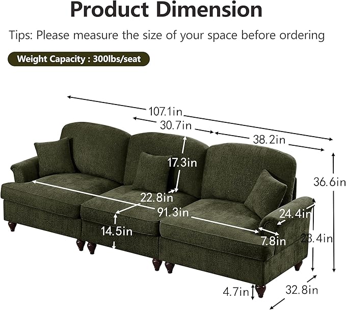 107 Modular Sectional Sofa for Living Room Comfy Chenille 3 Seat Couch with Detachable Ruffled Skirt Flared Arms Spindle Legs Traditional Sofa for Living Room Apartment(Green)
