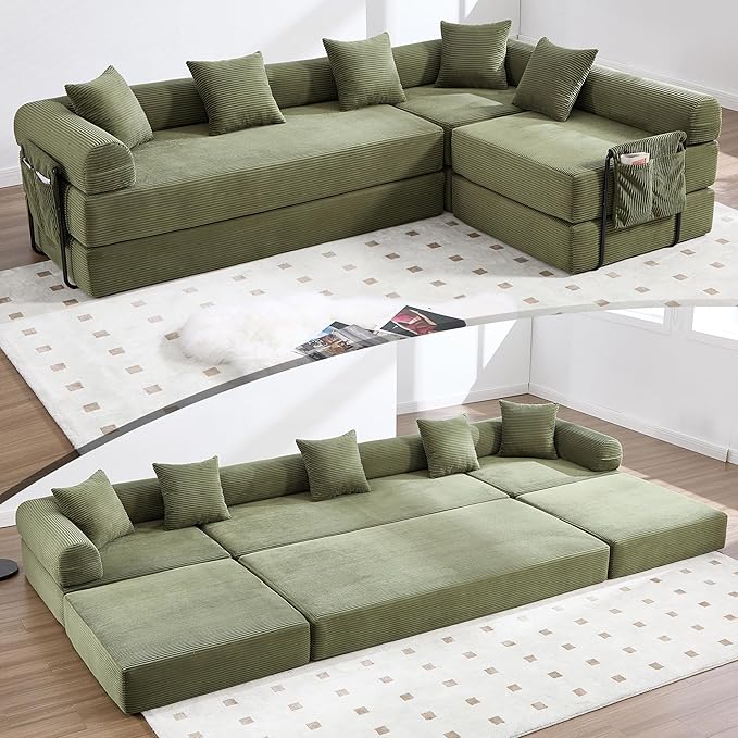 L Shape Convertible Sofa Bed with Cylindrical Pillow and Storage Pocket Convertible Sofa Couch Bed with Support Frame for Living Room Bedroom Children Room-Oliver Green