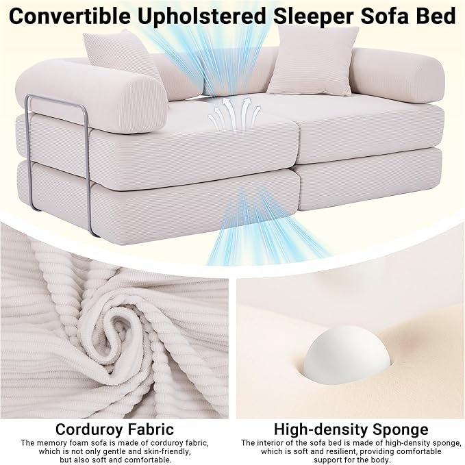 73 Convertible Sleeper Sofa Bed Corduroy Boneless Couch in a Box 4-in-1 Folding Mattress Loveseat Couch Comfy Modular Foldable Floor Sleeper Sofa with 2 Pillows and Fixed-Shape Frame (Beige 73)