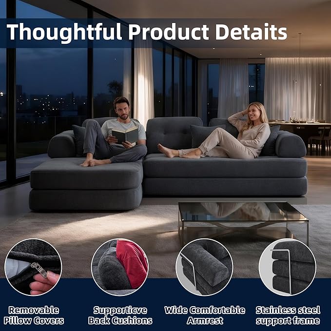 104 Modular Sectional Sofa 8-in-1 Convertible Sleeper Couch with Pet-Friendly Chenille Fabric High-Density Foam Floor Seating for Living Room Apartment (Dark Gray)