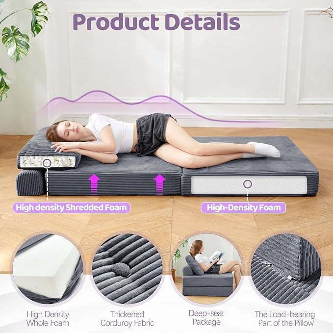 Folding Chair Bed Convertible Sofa Bed with PillowsFold Out Chair Bed with High-Density FoamChair Bed Sleeper for Adults Perfect for Living Room 、Hotel 、Apartment  Single Dark Gray