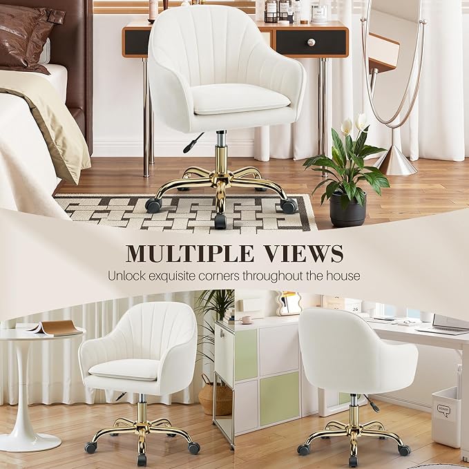 Vanity Chair with Wheels Comfy Home Office Desk Chairs Adjustable Modern Velvet Makeup Vanity Chairs for Bedroom Living Room-Beige