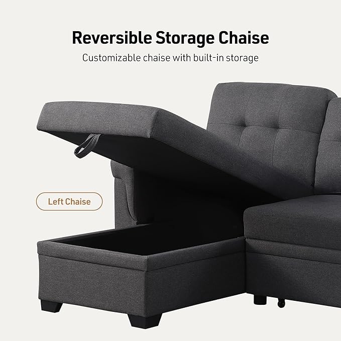 Lilola Home Convertible Sectional Sleeper Sofa Bed 84 Inch L Shaped Couch with Pull Out Bed Storage Chaise Removable Back Cushions for Living Room Office Linen Fabric Dark Gray