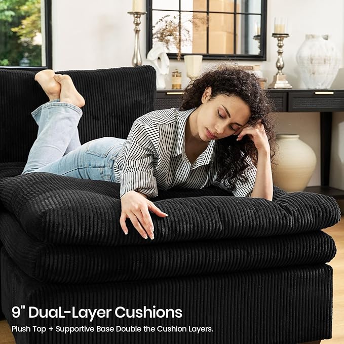 Belffin Large Modular Sectional Sofa with Deep Chaise 104 Corduroy L Shaped Couch with 9 Soft Dual-Layer Seats Cushion for Living Room Apartment Black