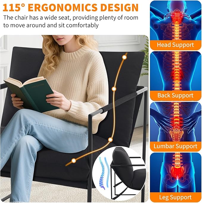 IDEALHOUSE Modern Accent Chair Armchair with Metal Frame for Living Room Upholstered Comfy Lounge Chair Cozy Accent Chairs with Soft Cushion for Bedroom Balcony Lounge Reading Room Black
