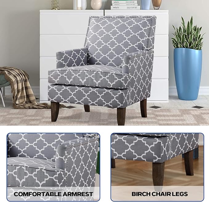 Modern Floral Accent Chair - Upholstered Wingback Club Chair for Living Room Bedroom &amp Reception | Multi-Purpose Fabric Furniture with Sturdy Frame | Comfortable Home Decor Seating (Grey)