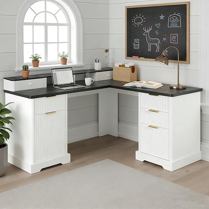 L Shaped Executive Desk with Storage Fluted Home Office Computer Desk with 6 Drawers &amp Monitor Stand Corner Workstation Writing Desk with Charing Stastion File Cabinet(White)