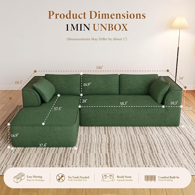 Vesgantti 106 Cloud Couch Sectional Modular Sofa Deep Seat Comfy Cloud Couch Chenille Memory Foam Sofa Modular Couches for Living Room Bedroom No Assembly Required (Green Left-Facing Chaise)