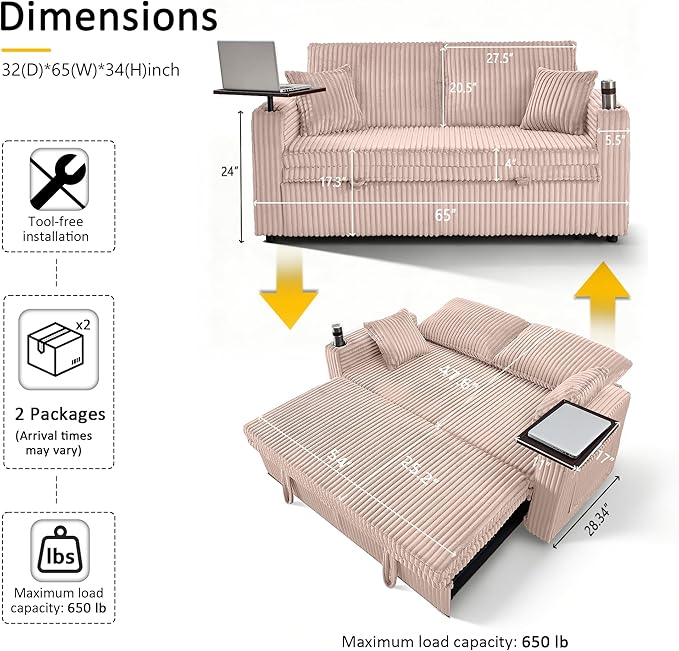 65in Sleeper Sofa Bed Convertible Pull Out Couch with Small Table| USB Port | Cup Holder | Corduroy Fabric | Adjustable Backrest for Apartment Office Bedroom Guest Room (Pink)