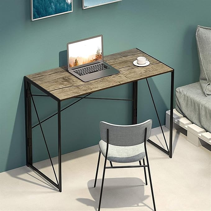 Folding Computer Desk for Home Office – 39 Small Portable Writing Desk Light Brown Oak and Black Frame Space-Saving Modern Study Table No Assembly Required