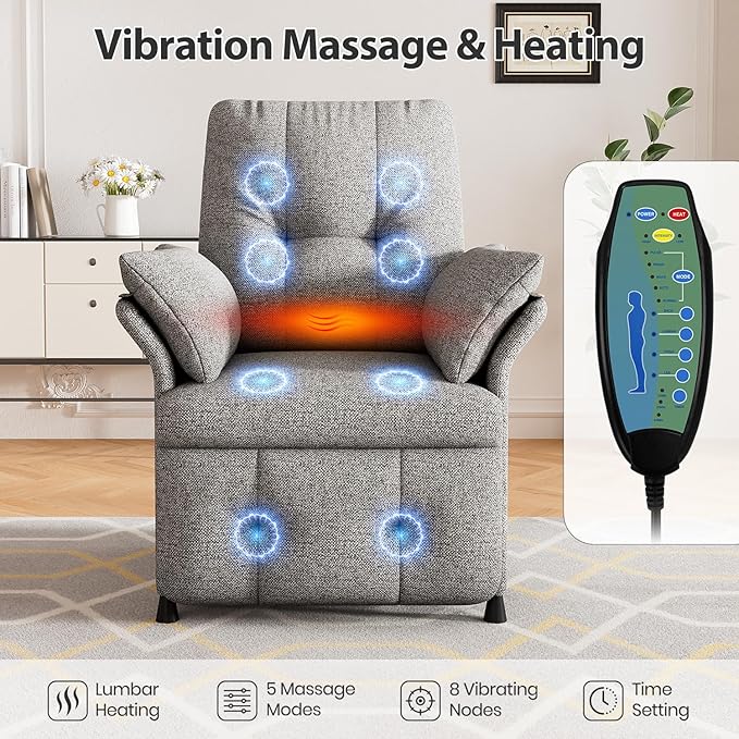 Power Recliner Chair for Adults with Heat &amp Massage - Linen Electric Reclining Sofa with Remote Control 3 Side Pockets 180° Lay Flat Sleeper for Living Room Home Theater Light Grey