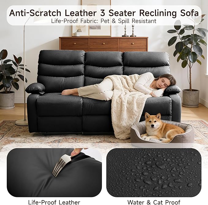 3 Seater Recliner Sofa Set Anti-Scratch Reclining Loveseat Sofa &amp Couch for Living Room RV Home Theater Apartment(Black 3 Seater Sofa)