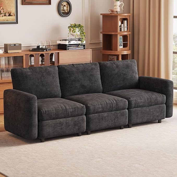 3 Seaters Modular Sectional Sofa 3 Seat Sofa Modern Sectional Couches with Deep Seats for Living Room Upholstered Couch with Soft Backrest 90.15 L Dark Grey (No Ottoman)