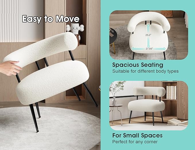 Mid Century Sherpa Boucle Accent Chair Round Upholstered Barrel Arm Chair for Small Spaces Fluffy Side Corner Sofa Chair for Living Room Bedroom Vanity Office Reading Nook