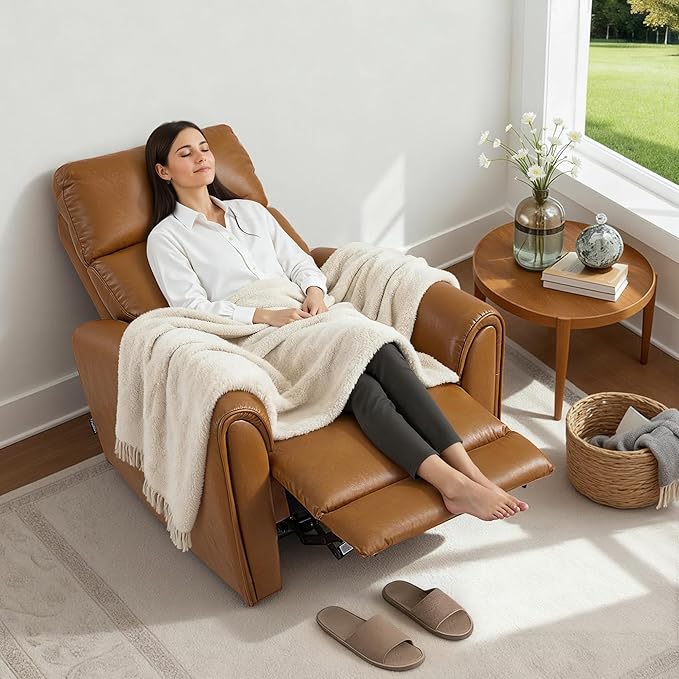 MCombo Power Small Recliners for Small Spaces Living Room RVs Modern Style Zero Wall Hugger Recliners Chair with Lumbar Support USB&ampCharging Ports FSC Certified Faux Leather PR699 (Cognac Br