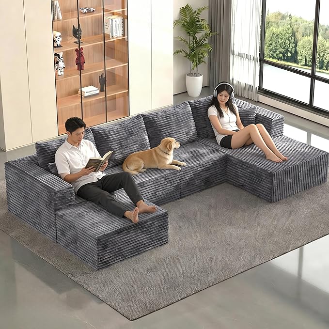 138 Modular Sectional Sofa U-Shaped Cloud Couch with Deep Seats &amp Chaise Convertible Corduroy Boneless Couches for Living Room No-Assembly - Grey (Right Facing Chaise)