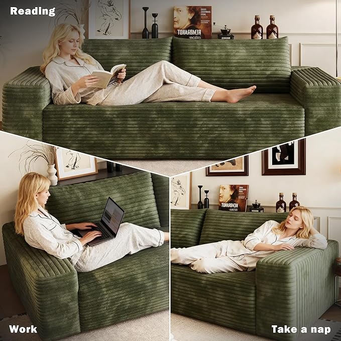 71 W Corduroy Boneless Couch 3-Seater Compression Sofa with Deep Seat No Assembly Required Comfy Loveseat Sofa with 2 Pillows Sofa Couches for Living Room/Apartment (Green 71 inch) | Breathable