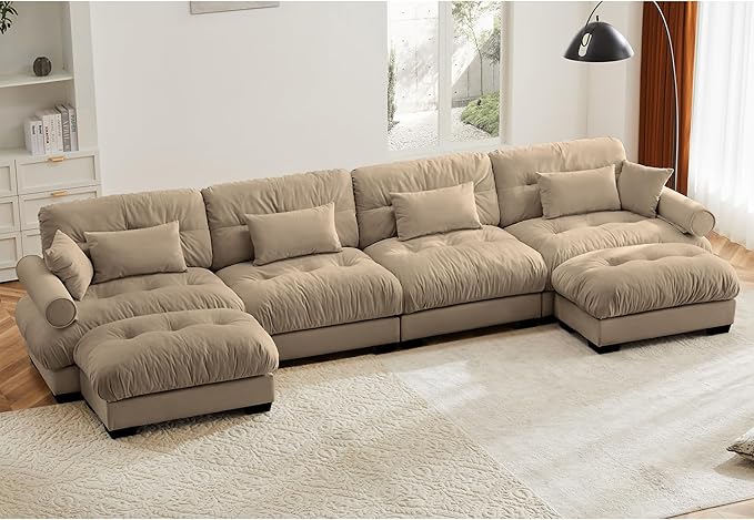 Setawix Modular Sectional Sofa Couch Oversized 6-Seats Comfy U-Shaped Couches with Ottoman Chaise Modern Deep Seat Velvet Cloud Sofa Bed for Living Room(Camel)