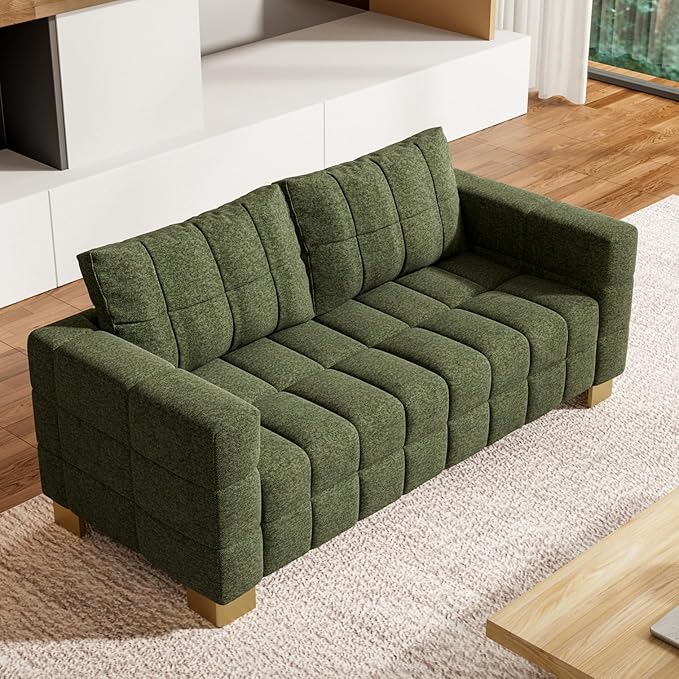 81.89 Sofa Comfy 3 Seat Sofa Tufted Chenille Upholstered Sofa Couch for Living Room with Gold Metal Legs and 2 Throw Pillows (Green（3+3）)