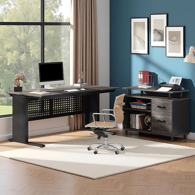 Oigavfd 63 Executive Desk with Drawers and Filing Cabinet L Shaped Computer Desk with Metal Frame and Privacy Baffle Home Office Workstation (Gray and Black)