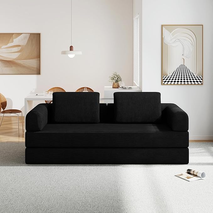 Convertible Sofa Bed 5-in-1 Pull-Out Futon Boneless Couch for Living Room &amp Guest Room Corduroy Sleeper Sofa with Steel Support Brackets 78.7 3-Seater with 2 Pillows (Black)