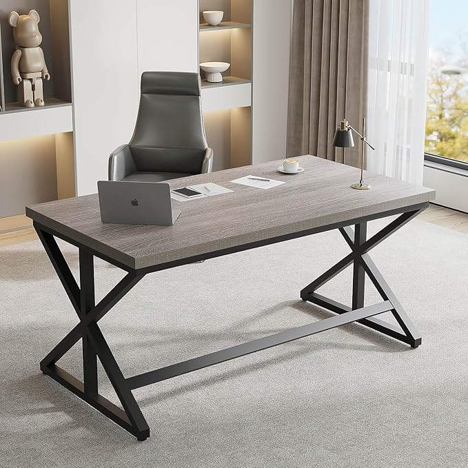 IBF Computer Desk Industrial PC Laptop Office Desk Farmhouse Gaming Desk with Spacious Desktop Rustic Wood Metal Writing Study Work Table for Home Office Bedroom 47 Inch Grey Oak