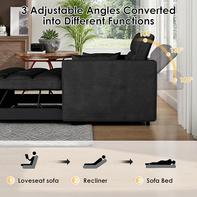 Dreamzie 3 in 1 Convertible Sleeper Sofa Bed Pull Out Couch Bed with Side Pocket Sleeper Sofa with Adjustable Backrest | Side Pocket (Black)