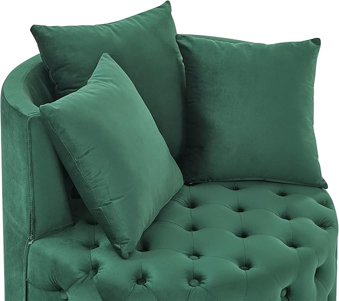 YAFF Velvet Upholstered Swivel Chair for Living Room with Button Tufted Design and Movable Wheels Including 3 Pillows Green-768