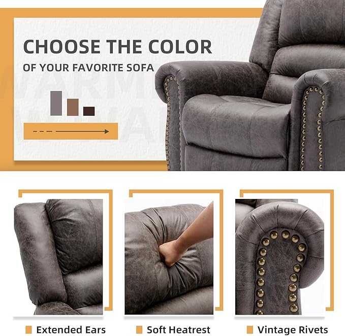 Manual Massage Recliner with Heating Function 360° Swivel Glider Rocking Recliner Chair for Living Room Ergonomic Single Sofa Chair with Remote Control/USB Ports/Side Pockets(Grey)