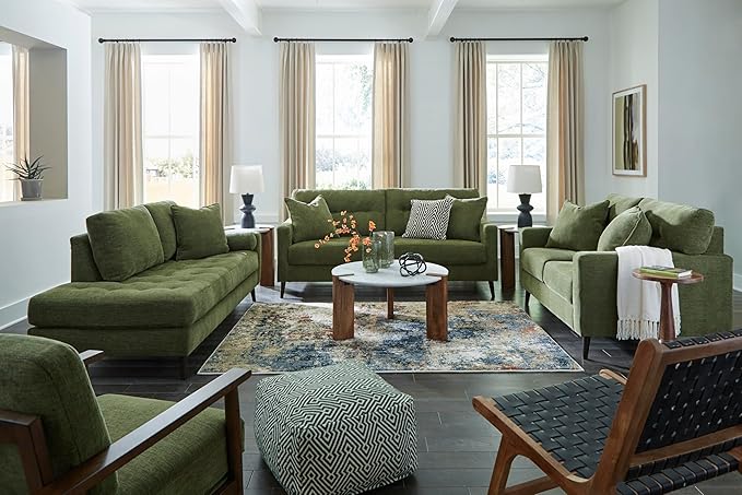 Signature Design by Ashley Bixler Mid-Century Modern Tufted Loveseat with 2 Toss Pillows Green