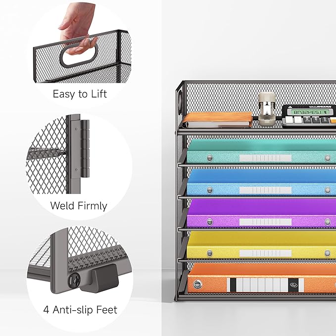 6 Tiers Letter Tray Paper Organizer With Handle Mesh Desk File Organizer Metal Desktop Document Shelf Paper Sorter for Office Home or School File Folder Holder - Grey