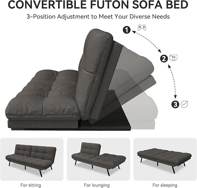 Vipbear Convertible Futon Sofa BedGrey Linen Futon Couch with Detachable CushionAdjustable Backrest &amp ArmrestModern Small Recliner Loveseat Sleeper Couch for Living RoomOfficeApartment