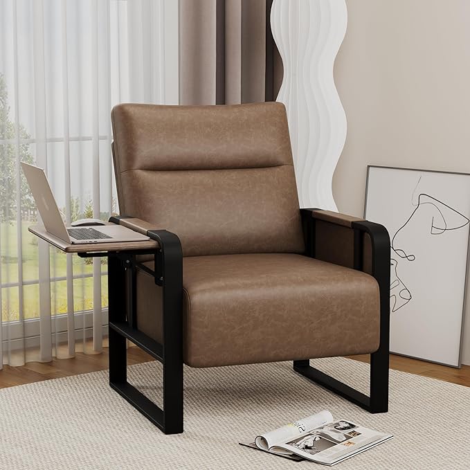 Upholstered Living Room Chair Armchair Mid Century Faux Leather Metal Accent Chair Reception Couch Office Guest Chair Slipper Club Lounge Single Sofa with Sidetable for Bedroom-Brown