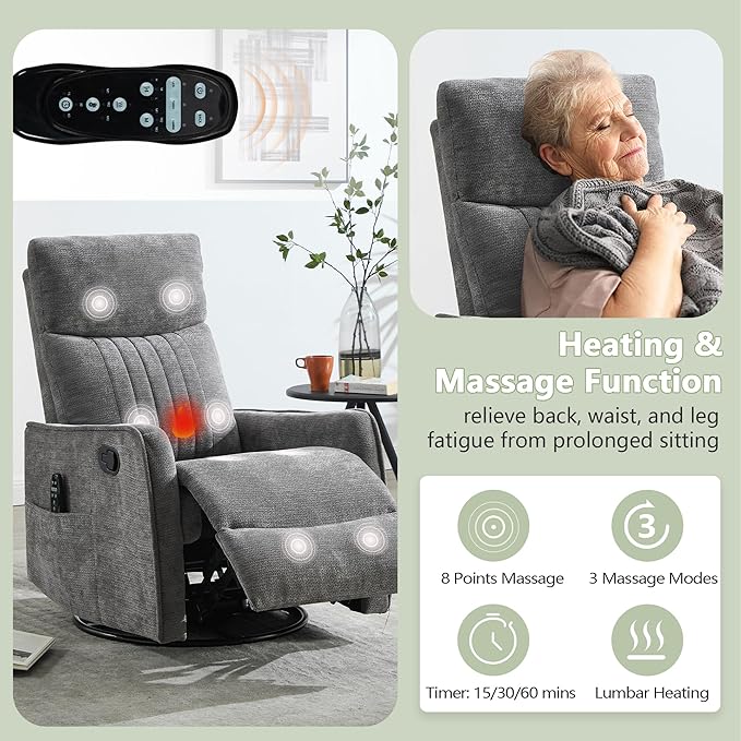 cinkehome Heated Massage Swivel Rocker Recliner Chair for Nursery - Small Space Reclining Chair with Lumbar Support 360° Swivel &amp Gentle Rocking Ergonomic High Back Chenille Fabric Gray