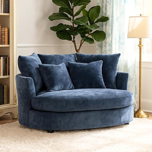 54.9''W Oversized Accent Barrel Chair Chenille Upholstered Comfy Couch Sofa with 5 Pillows for Living Room Apartment Bedroom (Navy Blue).