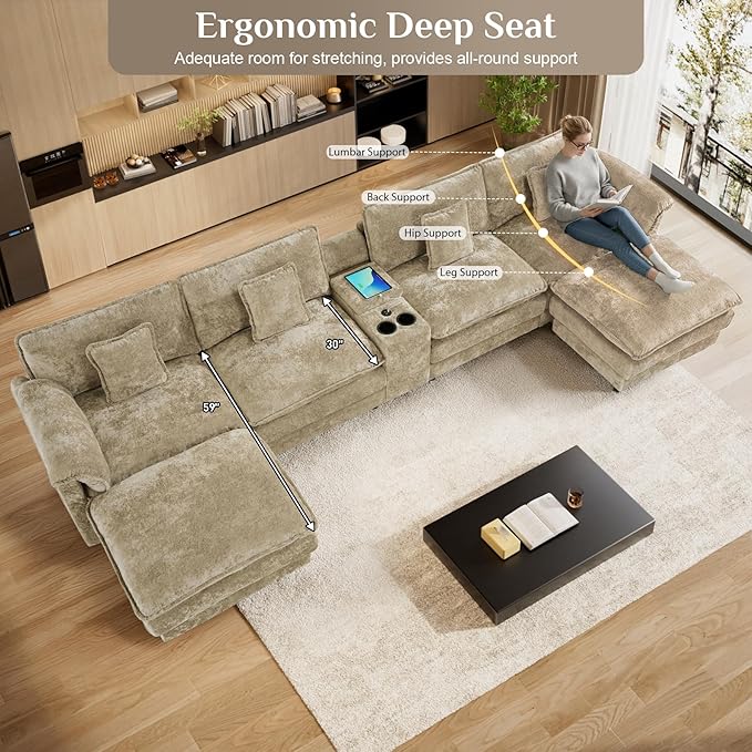 152 Oversized Modular Sectional Sofa U Shaped Cloud Couch Modern 6 Seat Sofa Set for Living Room Comfy Chenille Couch with Storage Central Console Movable Ottomans Cup Holders USB Ports Camel