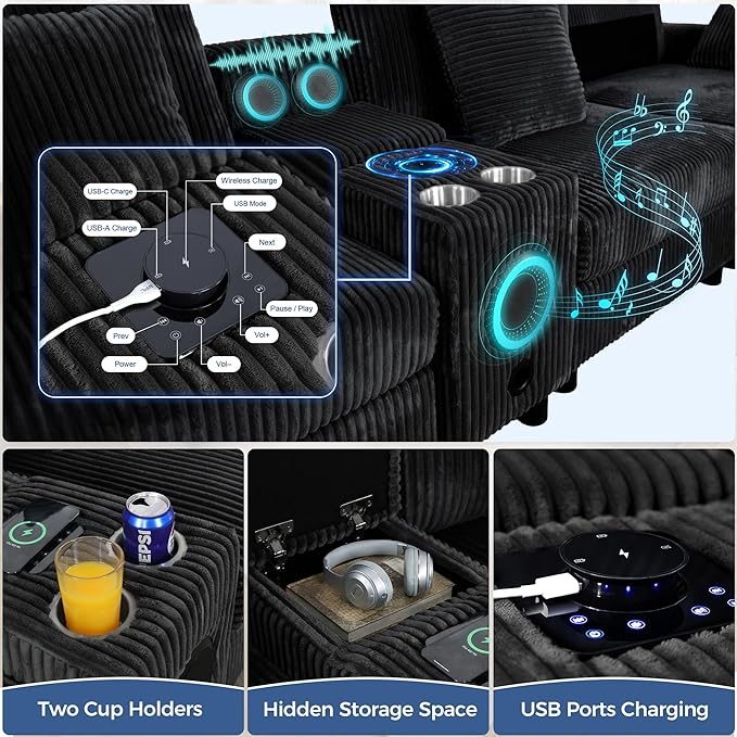 144 Corduroy U-Shaped Sectional Sofa w/Speakers &amp USB Charging Comfy Reclining Deep Seat Couch w/Ottoman Cup Holders for Living Room Home Theater (Black 144in)