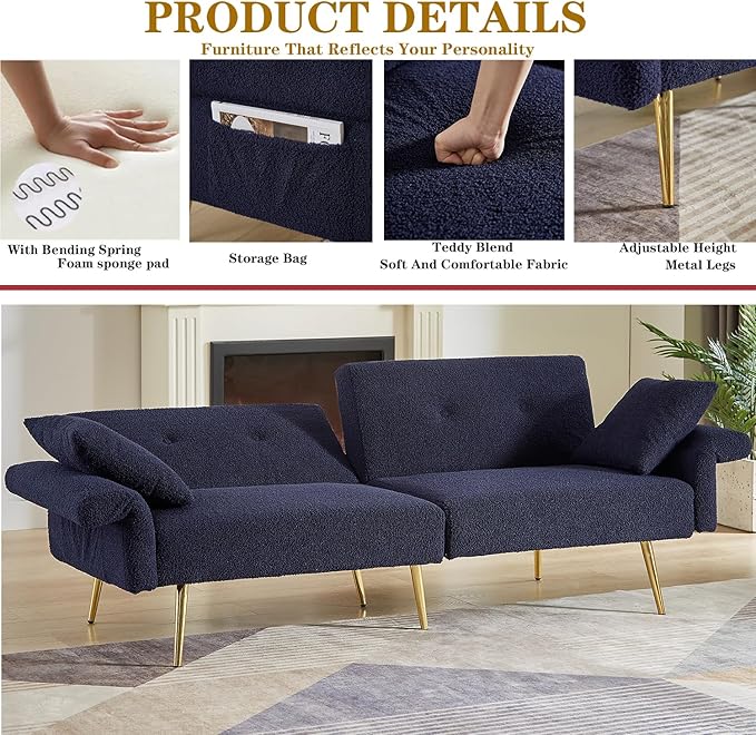 Modern Teddy Velvet Convertible Folding Futon Couch Sofa Bed Adjustable Pillow Top Arm Memory Foam Couch Double Love Seat Sofa for Compact Space Dorm Apartment Bedroom Loveseat (Dark Blue)