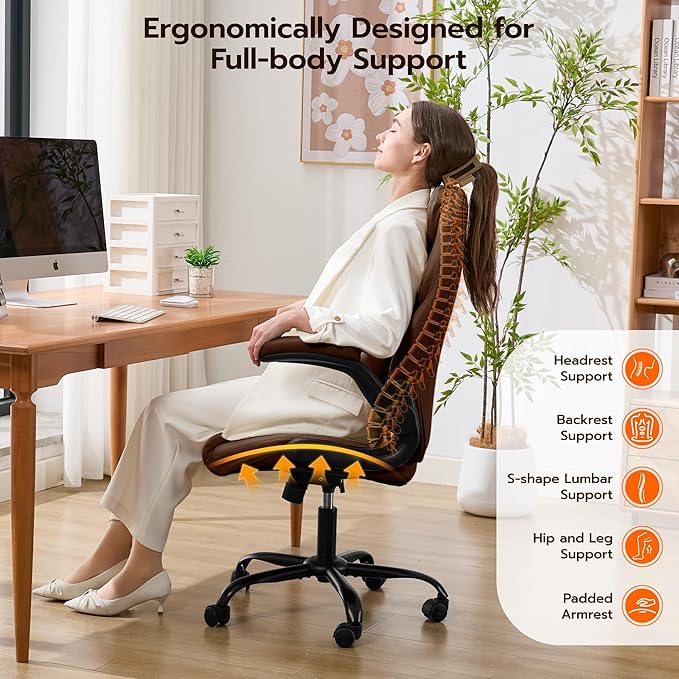 Office Desk Chair Ergonomic Computer Chair with Padded Flip-Up Arms and Adjustable Lumbar Support PU Leather Executive Chair with Tilt Lock and 360° Swivel Rolling Wheels for Work Study