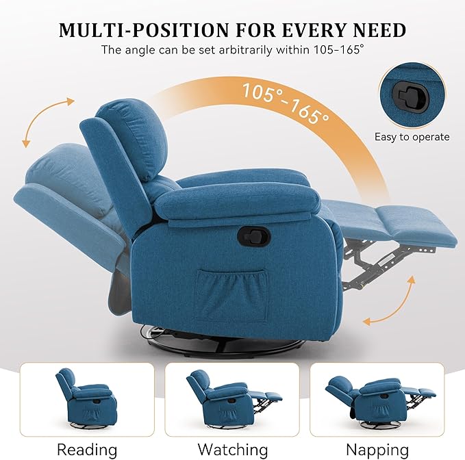 Recliner Chair 360 Swivel Rocker Chair for Adults Small Rocking Recliner for Small Spaces Upholstered Fabric Glider Recliner Nursery